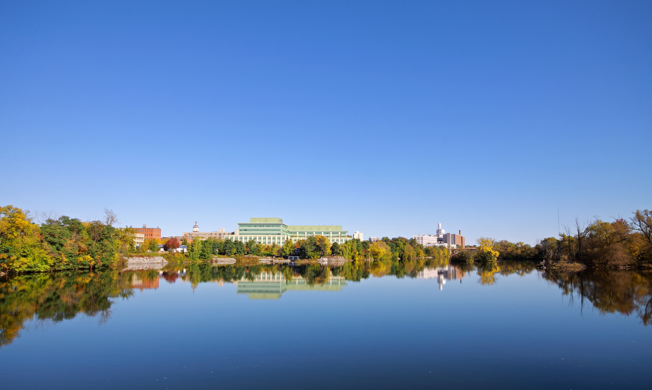 Wide angle view of the city Peterborough from Little Lake